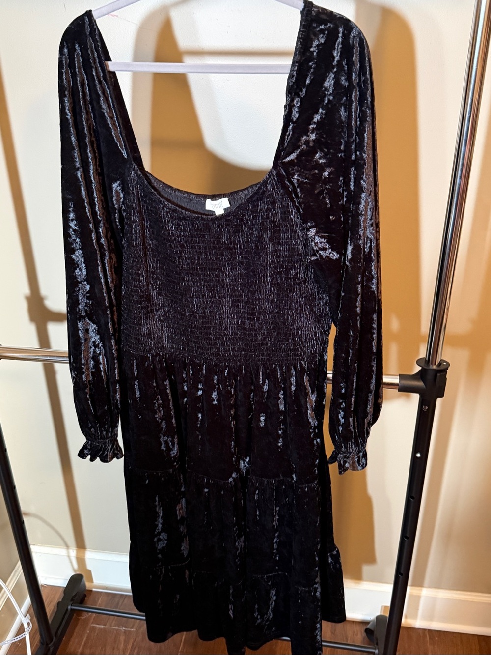 ODDI Black Crushed Velvet Smocked Tiered Dress 3XL Boho Cottagecore